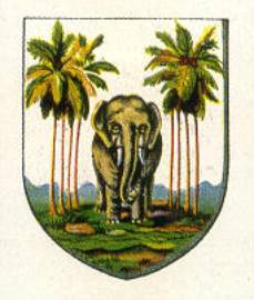 Shield shape with an elephant center and four palm trees on each side